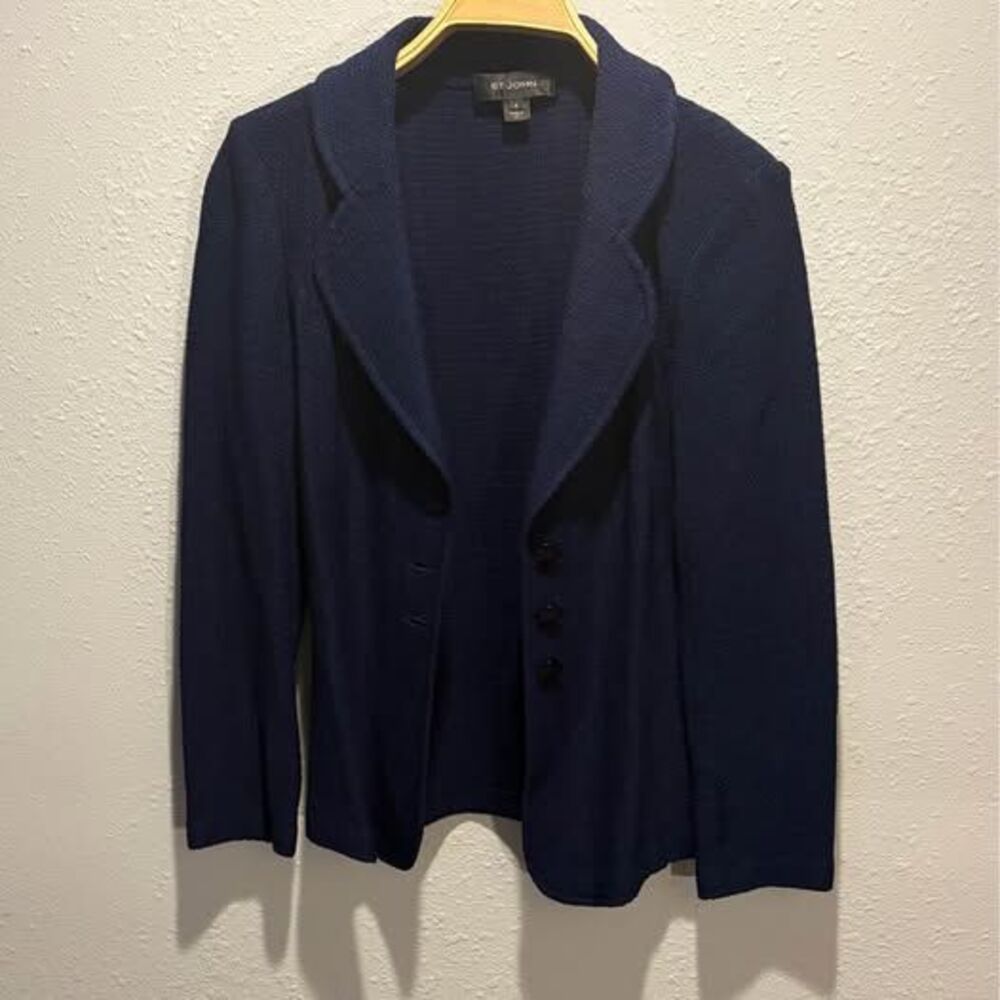 St. John Shimmer Knit Single Breasted Blazer Jacket Navy Sz 8